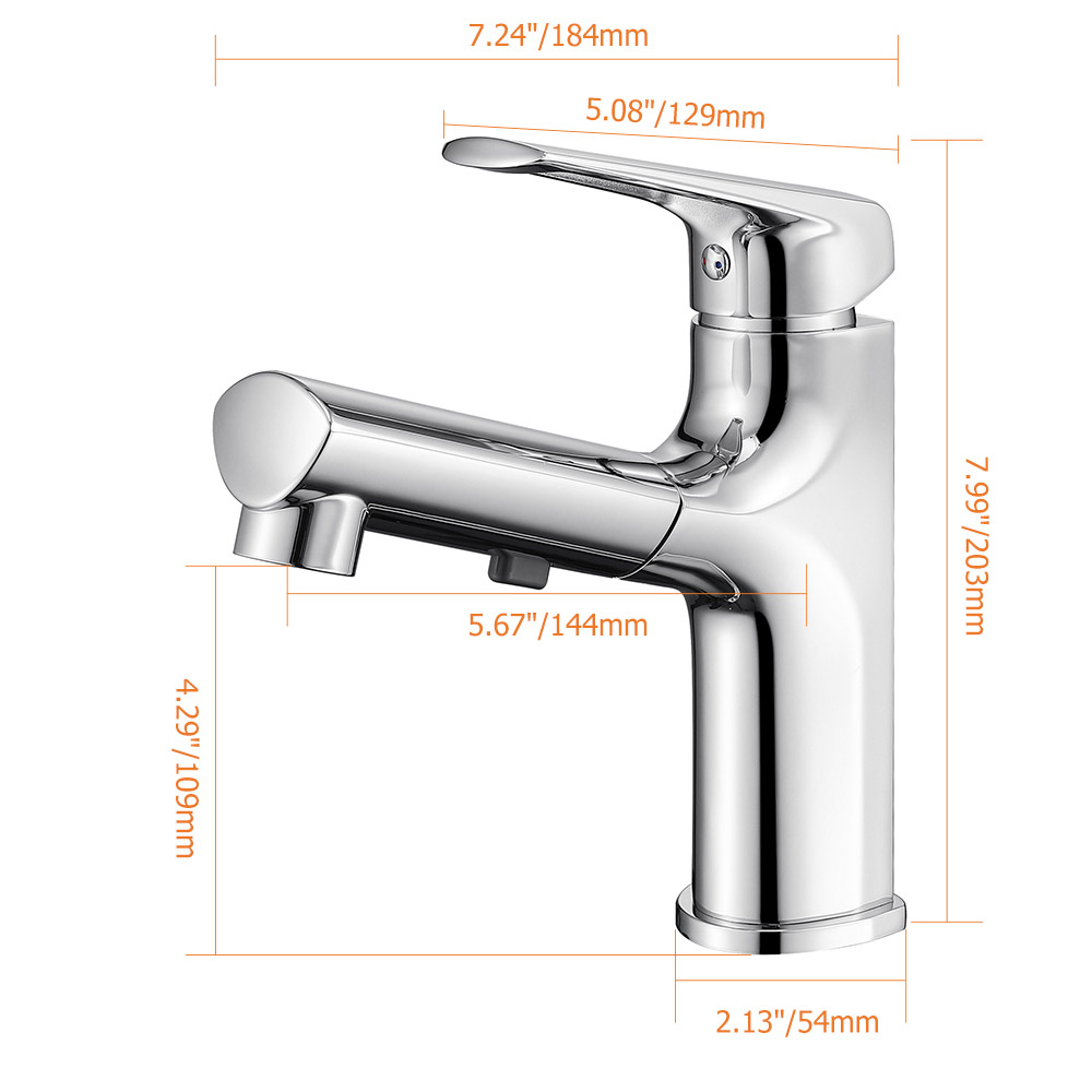 Pull Out Single Handle Bathroom Sink Faucet with Dual-Function in Chrome Solid Brass window image