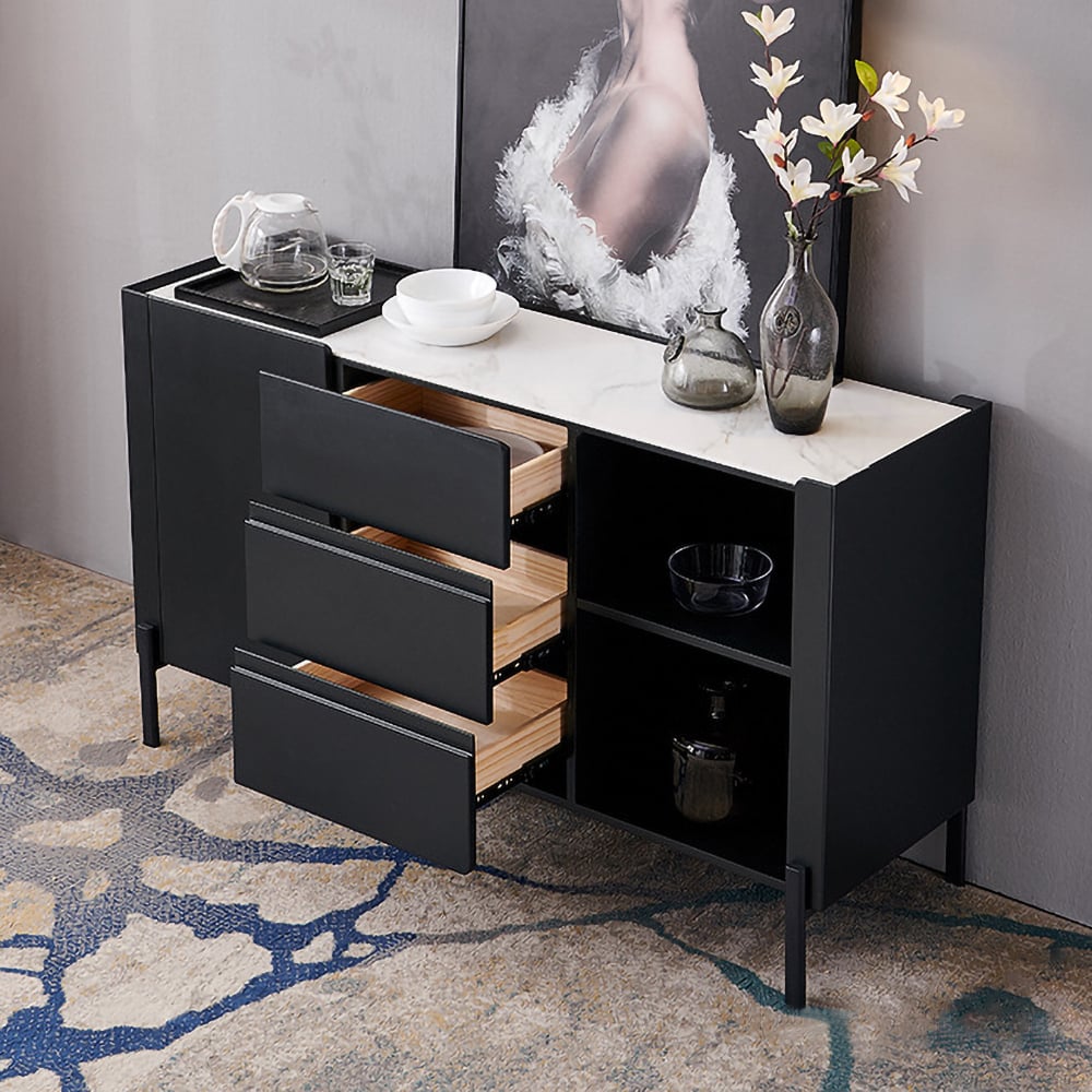 Black Modern Buffet Table Sintered Stone Sideboard Cabinet with Door & Drawers & Shelves window image