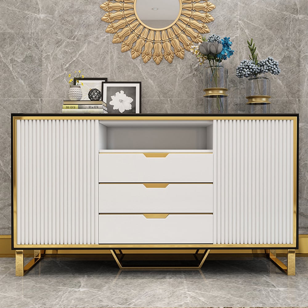 Wit en zwart dressoir Modern buffetdressoirkast 2 deuren en 3 laden in groot Vensterafbeelding