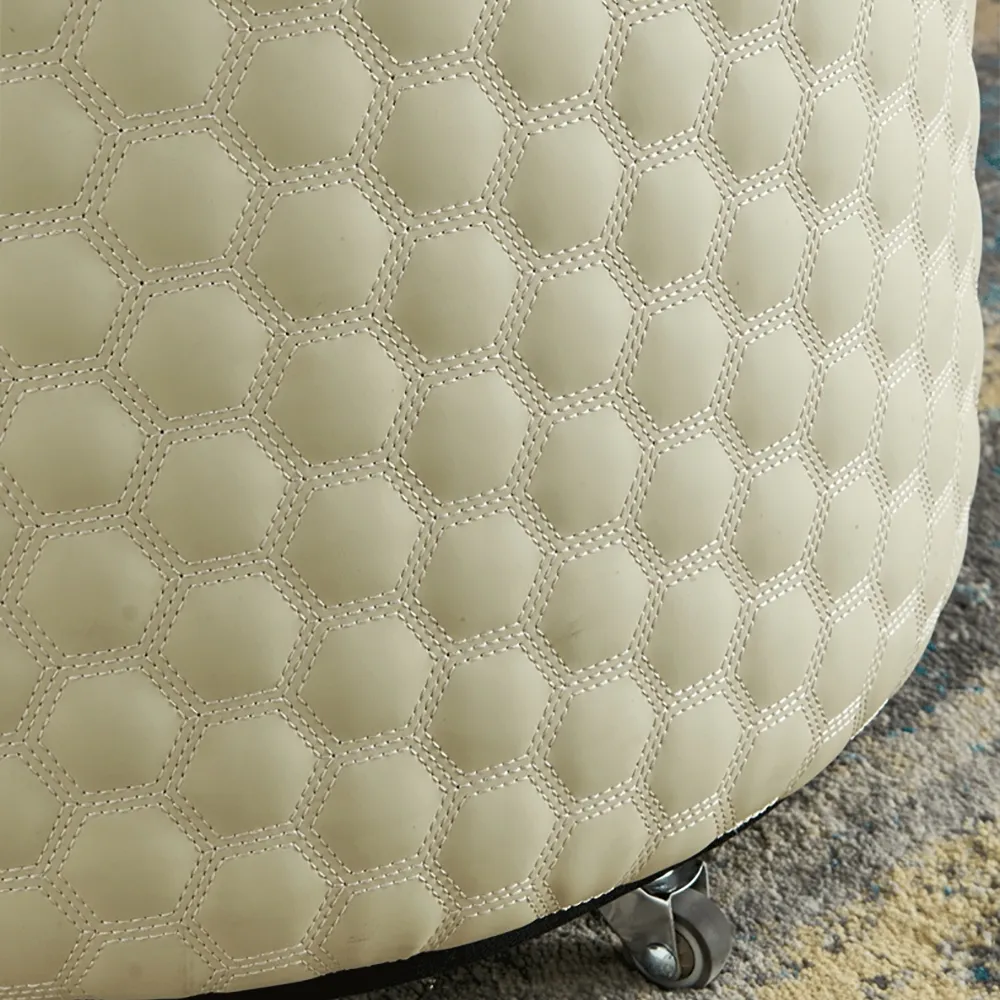 Off White Round Stool  Microfiber Leather Upholstered Ottoman with Swivel Base window image