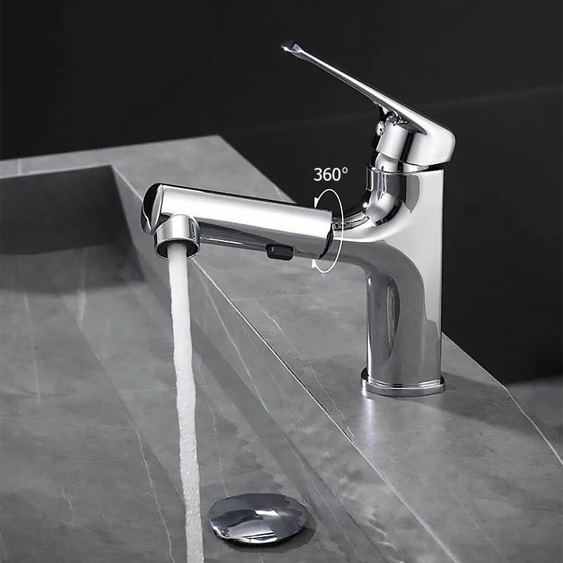 Pull Out Single Handle Bathroom Sink Faucet with Dual-Function in Chrome Solid Brass window image