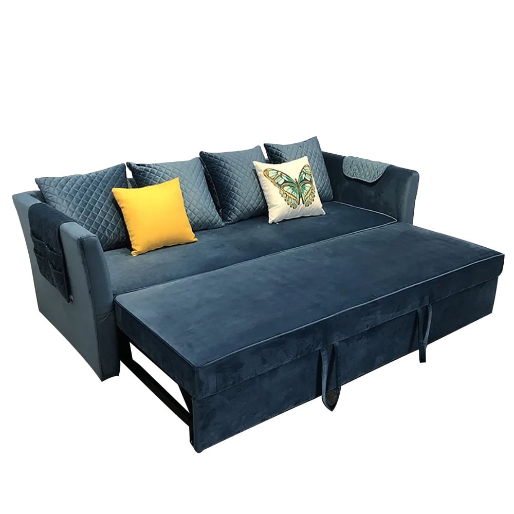 Blue 85" Full Sleeper Sofa Velvet Upholstered Convertible Sofa window image
