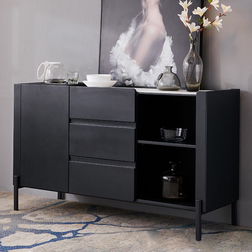 Black Modern Buffet Table Sintered Stone Sideboard Cabinet with Door & Drawers & Shelves window image
