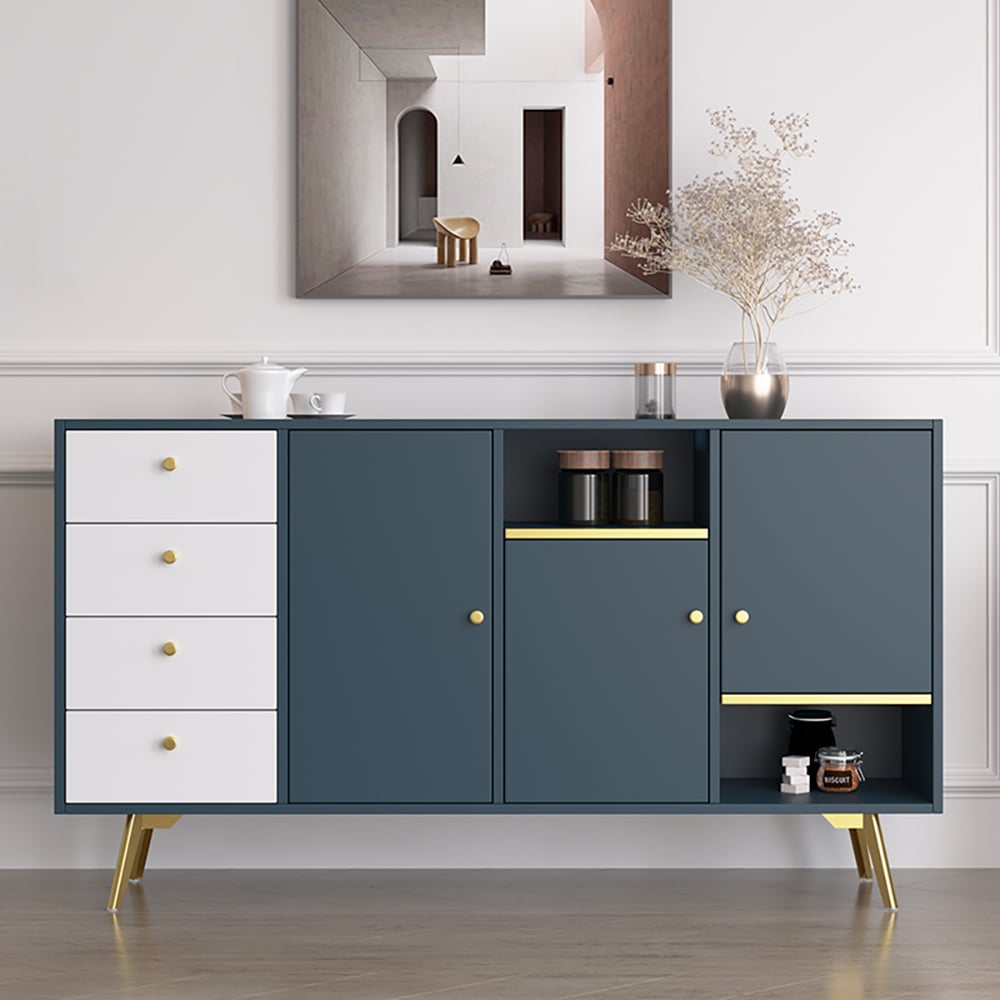 Blue Modern Buffet 3-Doors 4-Drawers Sideboard Gold Finish window image