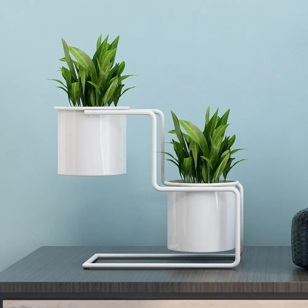 Modern White Small Plant Pots in Metal Set of 2 window image