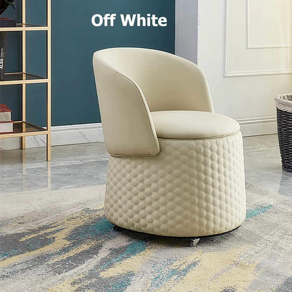 Off White Round Stool  Microfiber Leather Upholstered Ottoman with Swivel Base window image