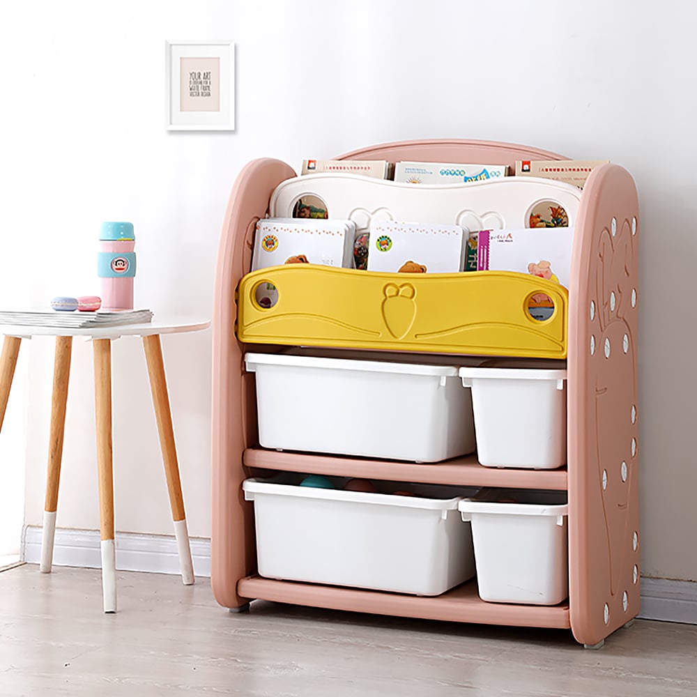 Pink Cute Carrot Multipurpose Kids' Standing Bookcase with Toy Organiser Basket window image