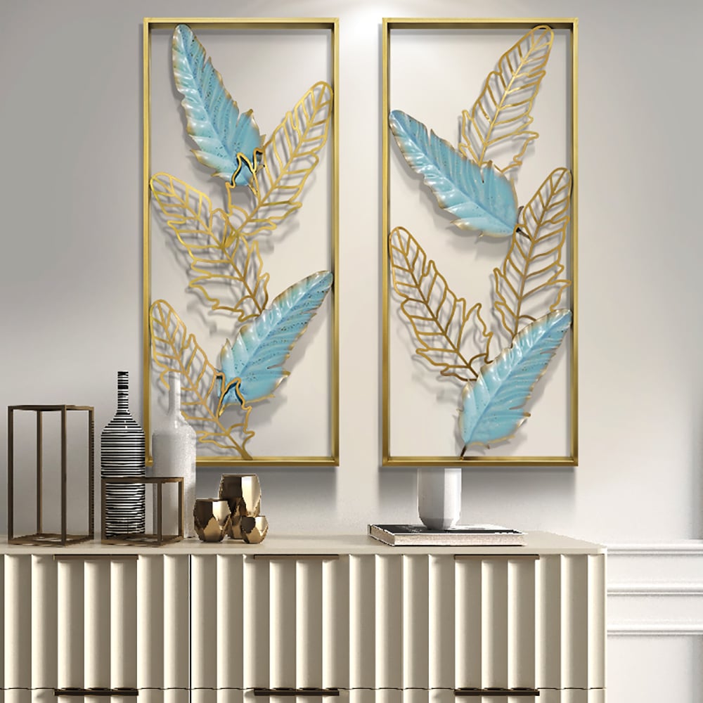 Contracted Fashion Style Creative Feathers Metal Wall Decor with Golden Frame window image