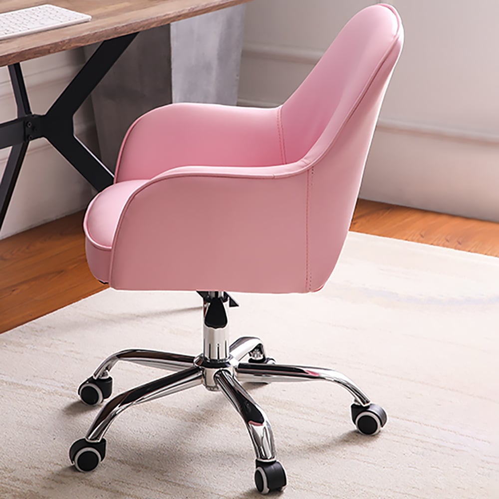 Pink Swivel Office Chair for Desk Upholstered Faux Leather Task Chair Adjustable Height window image