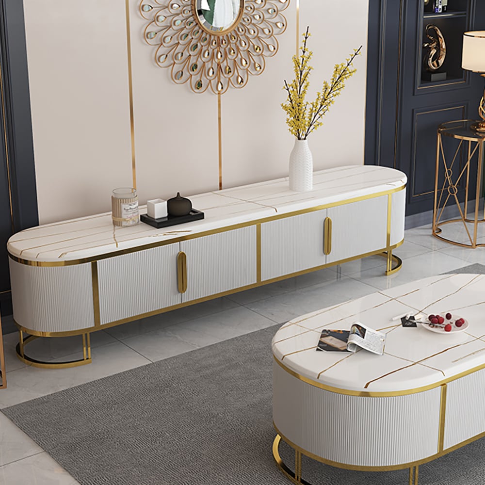 Modern White TV Stand Faux Marble Top 4-Door 2-Shelf Media Console Gold Finish in Small window image