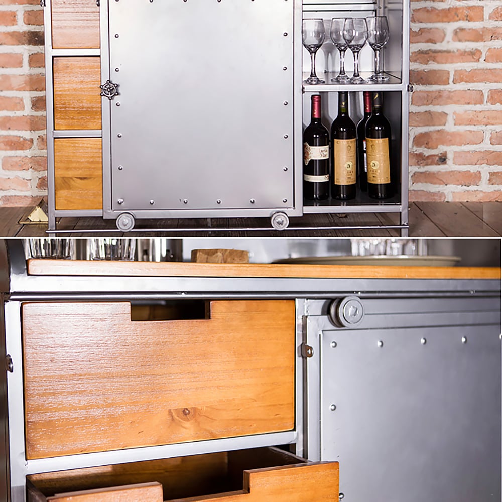 1000mm Pinewood Sideboard 3 Drawer Buffet Storage Cabinet with Barn Door Metal window image