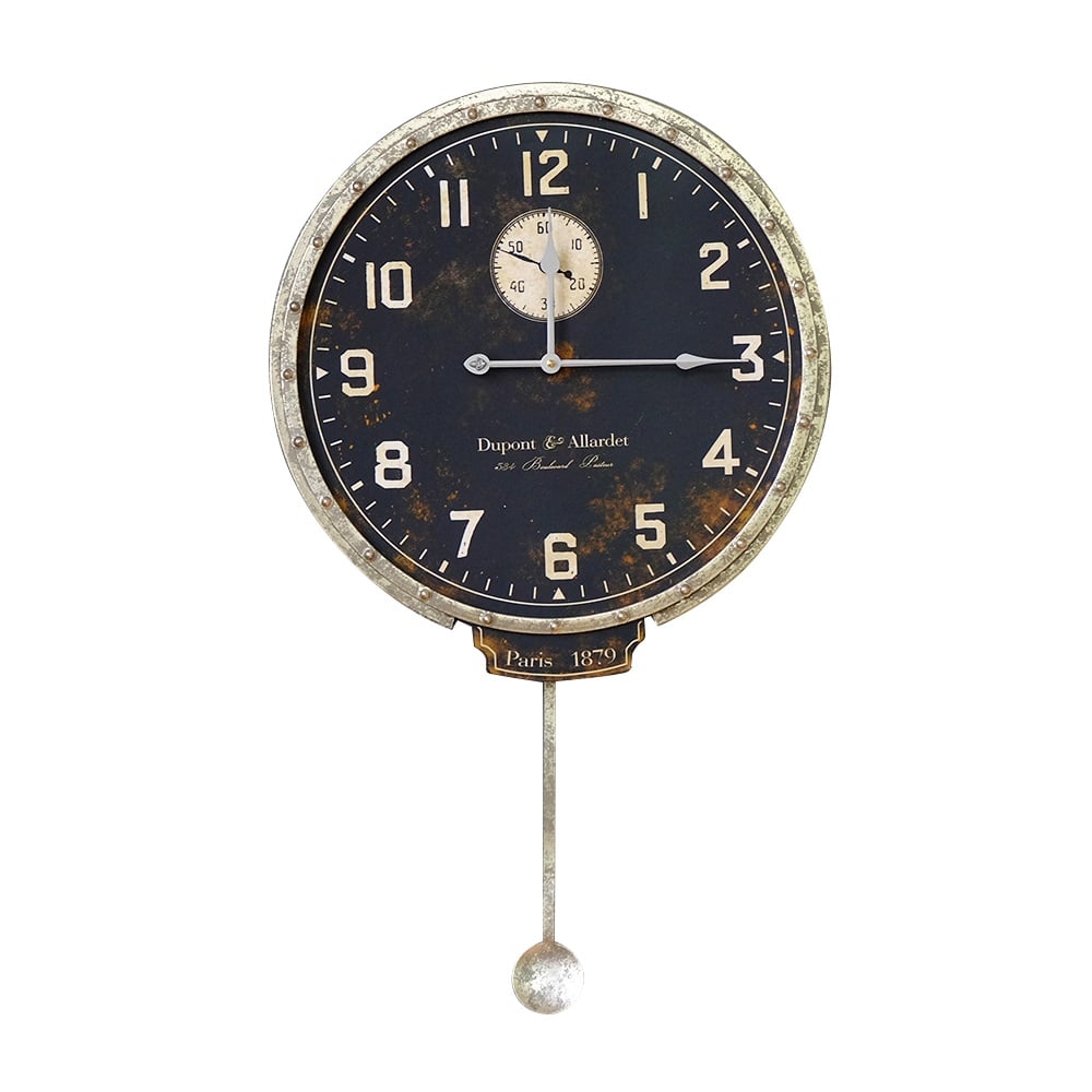 Retro-Industrial Style Unique Distressed Metal Circular Wall Clock with Pendulum window image