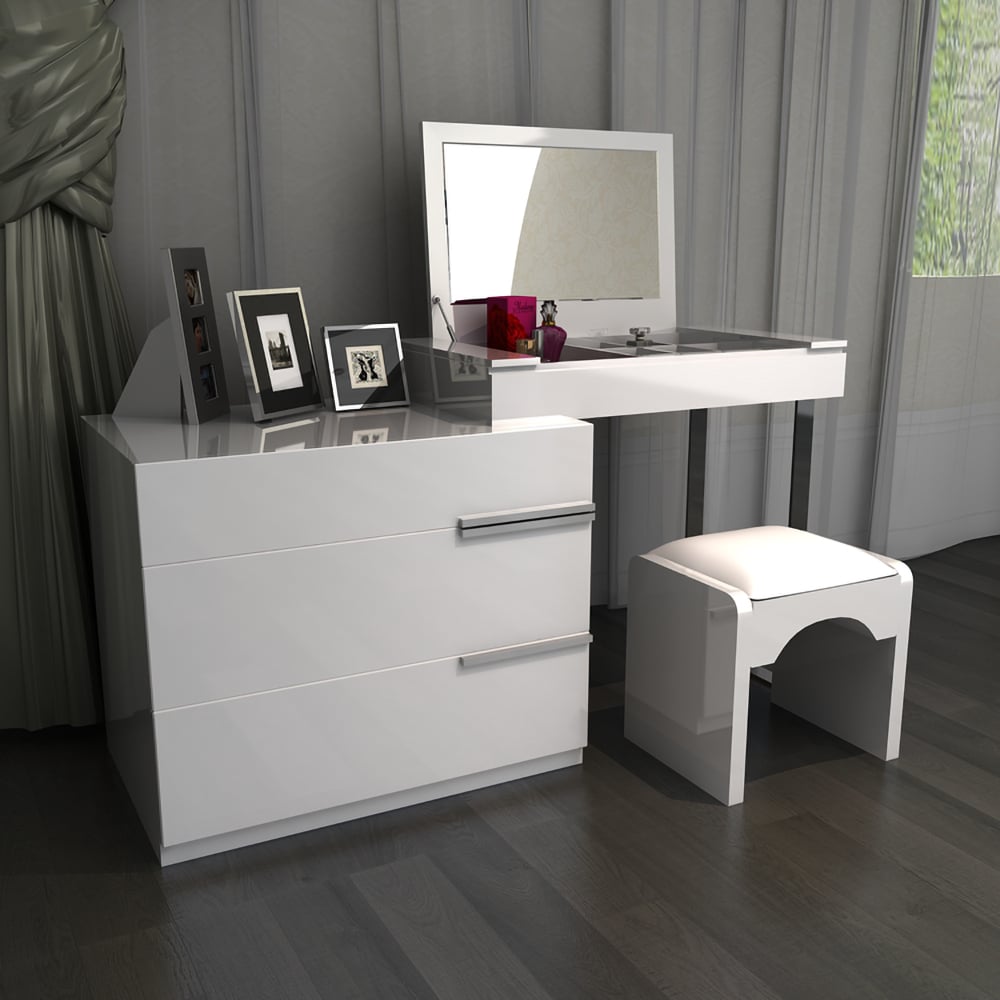 Modern White Extendable Makeup Vanity Set with Flip Top Mirror & 3 Drawers window image