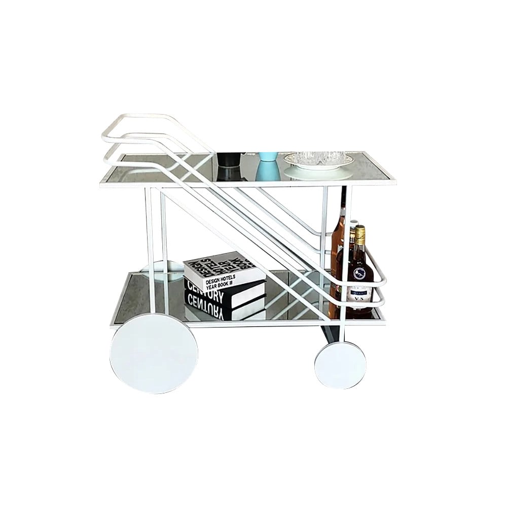 600mm 2-Tier Rolling Bar Serving Cart Tempered Glass White for Kitchen in Small window image