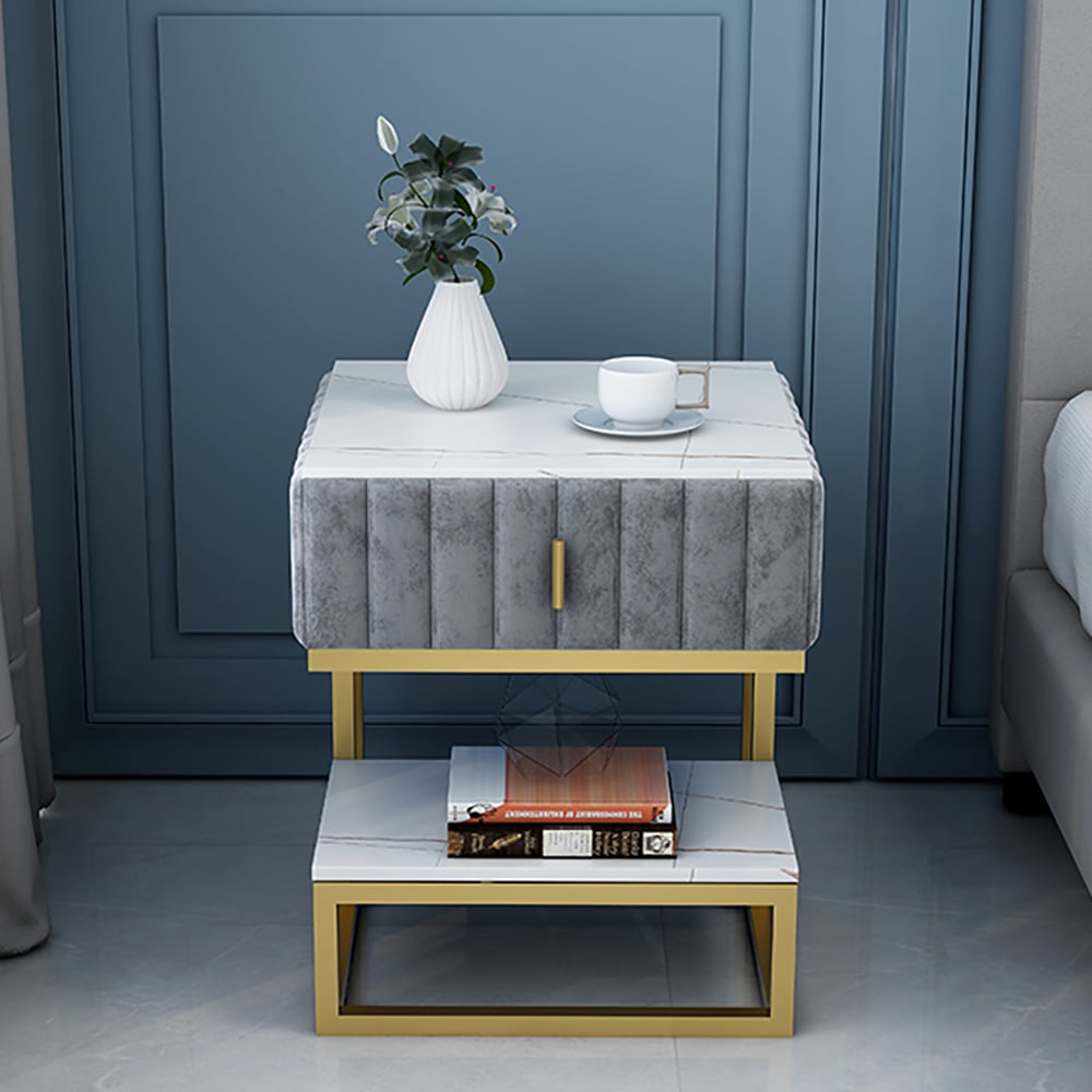 Grey End Table with Shelf & Drawer Metal Frame window image