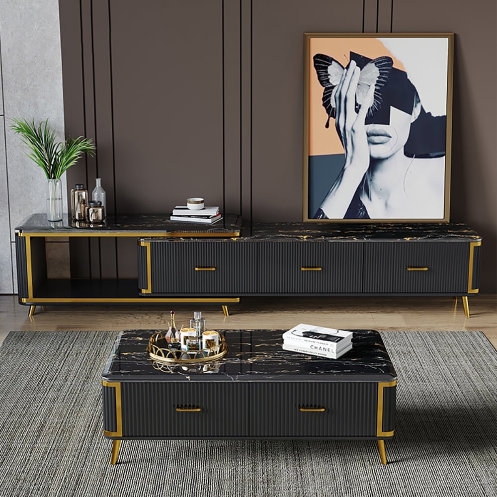 Modern Black TV Stand Faux Marble Top Luxury Extendable Media Console with 3 Drawers window image