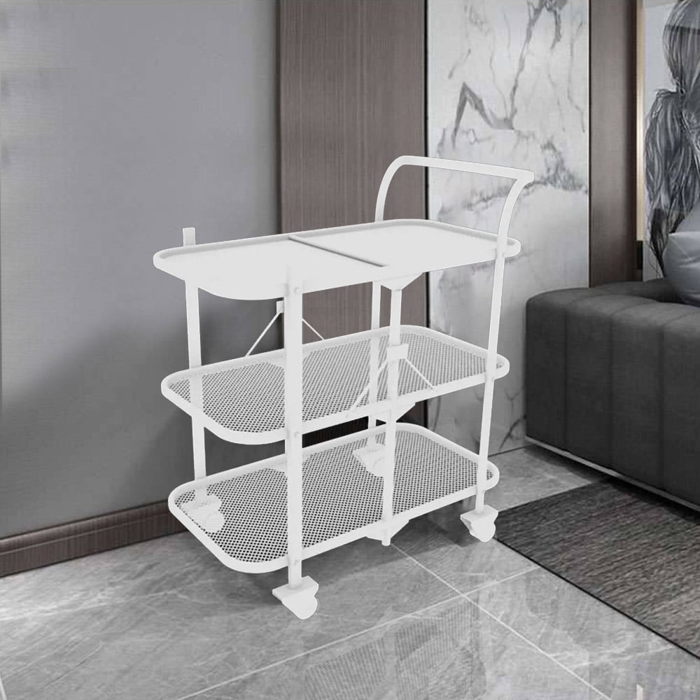 White Foldable Bar Cart 3-Tier 25.2" Rolling Serving Cart with Handle window image