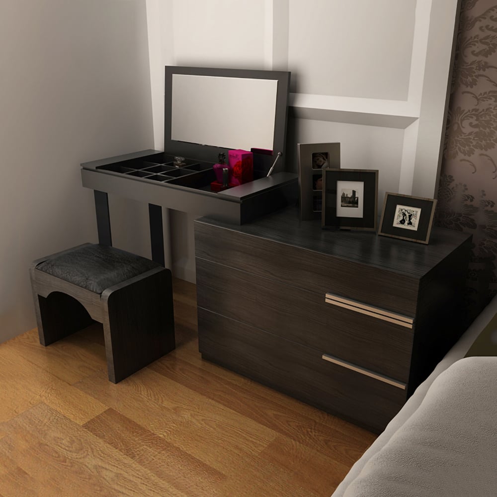 Modern Black Extendable Makeup Vanity Set with Flip Top Mirror & 3 Drawers window image