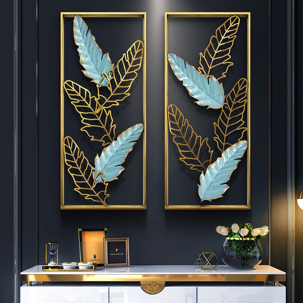 Contracted Fashion Style Creative Feathers Metal Wall Decor with Golden Frame window image