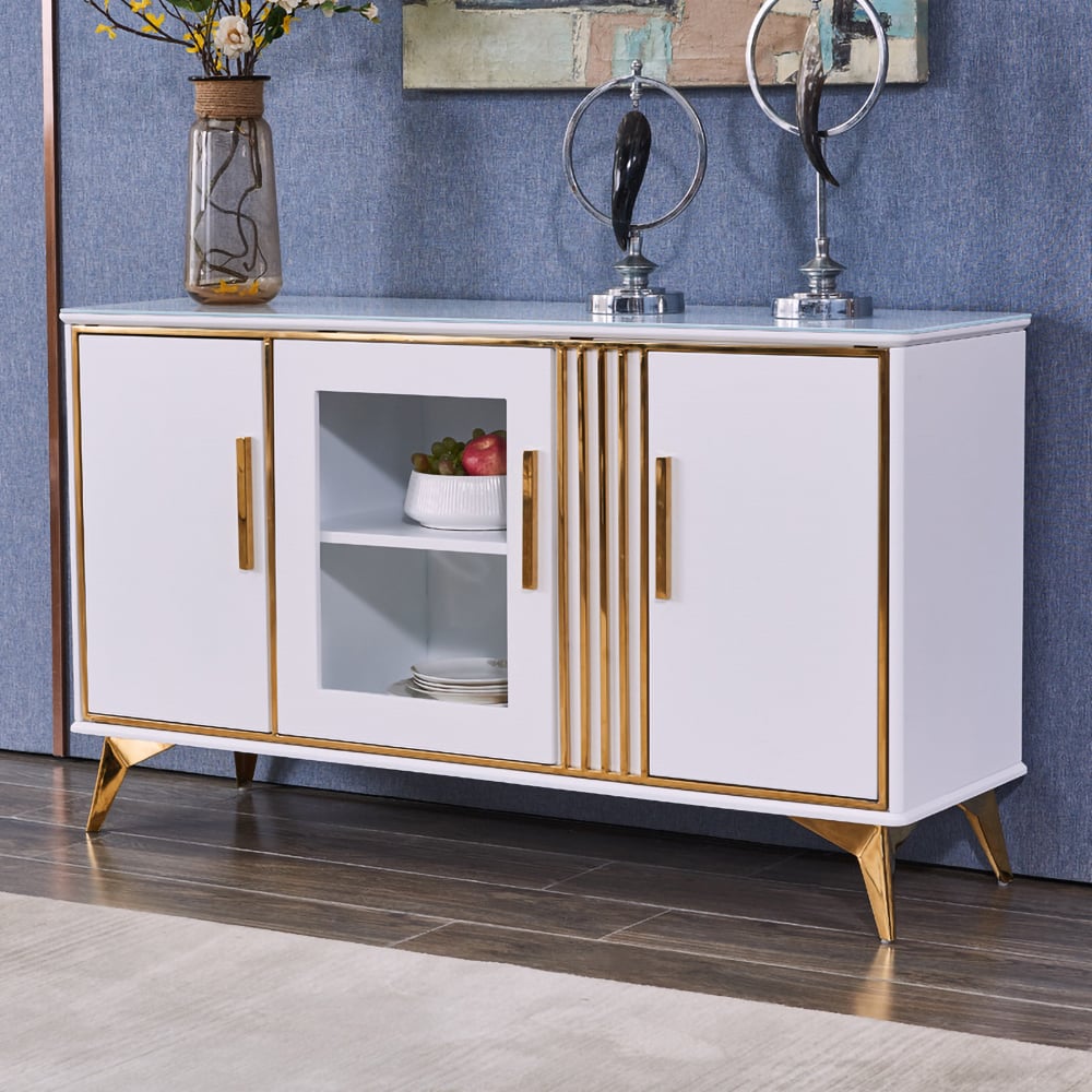 Contemporary White Sideboard Buffet Tempered Glass Top with Acrylic Doors & Shelves in Small window image
