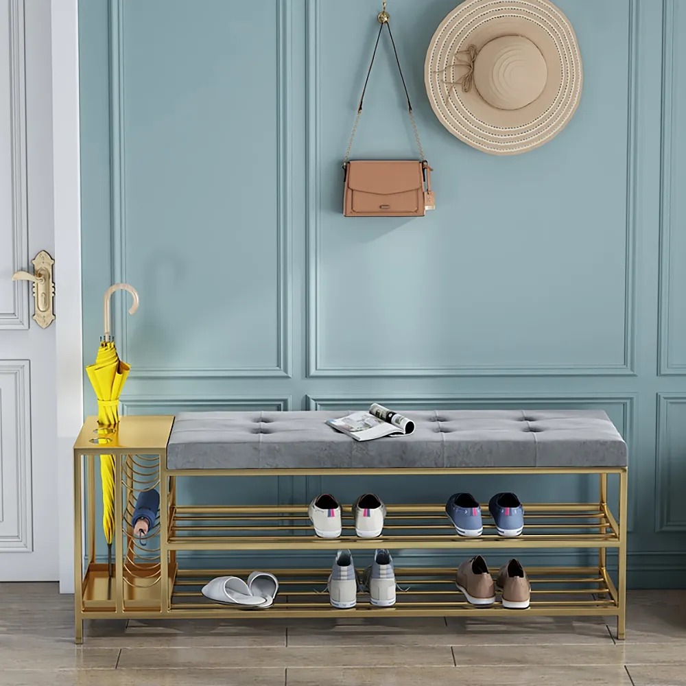 Entryway Foyer Shoe Storage Bench with Umbrella Stand Grey Velvet Upholstery window image