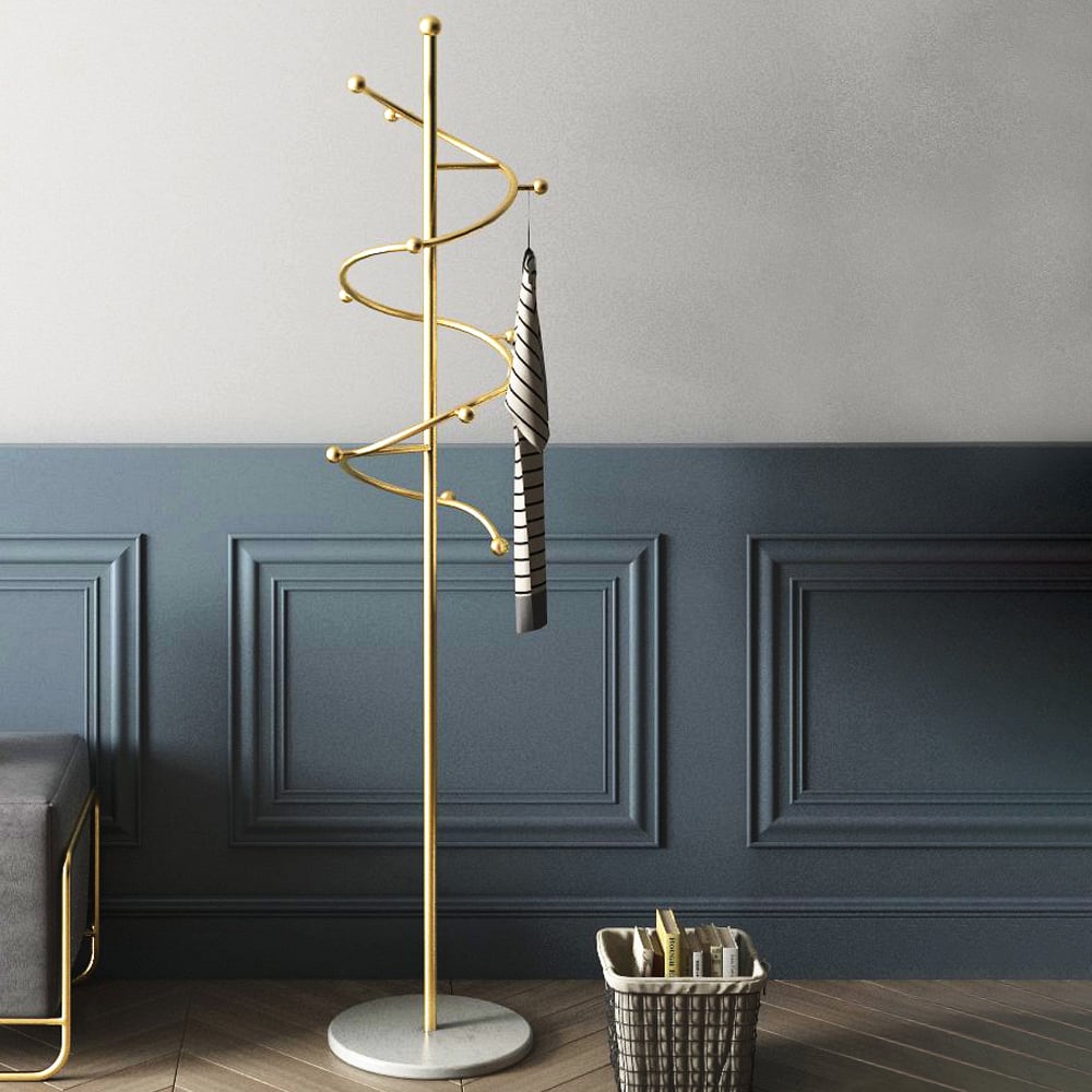 66" Gold Modern Spiral-Shaped Freestanding Coat Rack with Marble Base window image
