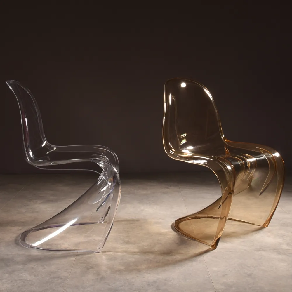 Chaise de salle à manger moderne en forme de S acrylique en cristal ambre transparent image de fenêtre