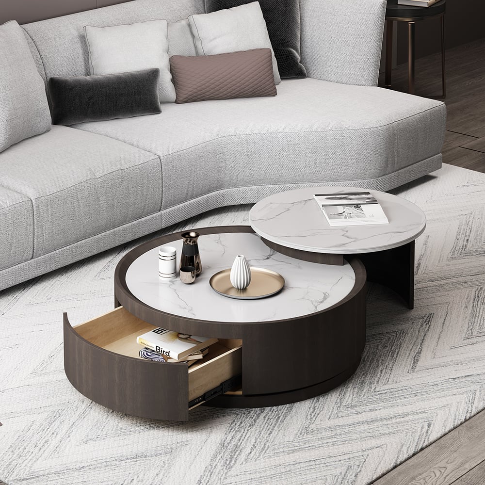 Black Modern Nesting Coffee Table Set with Drawer Sintered Stone Top window image