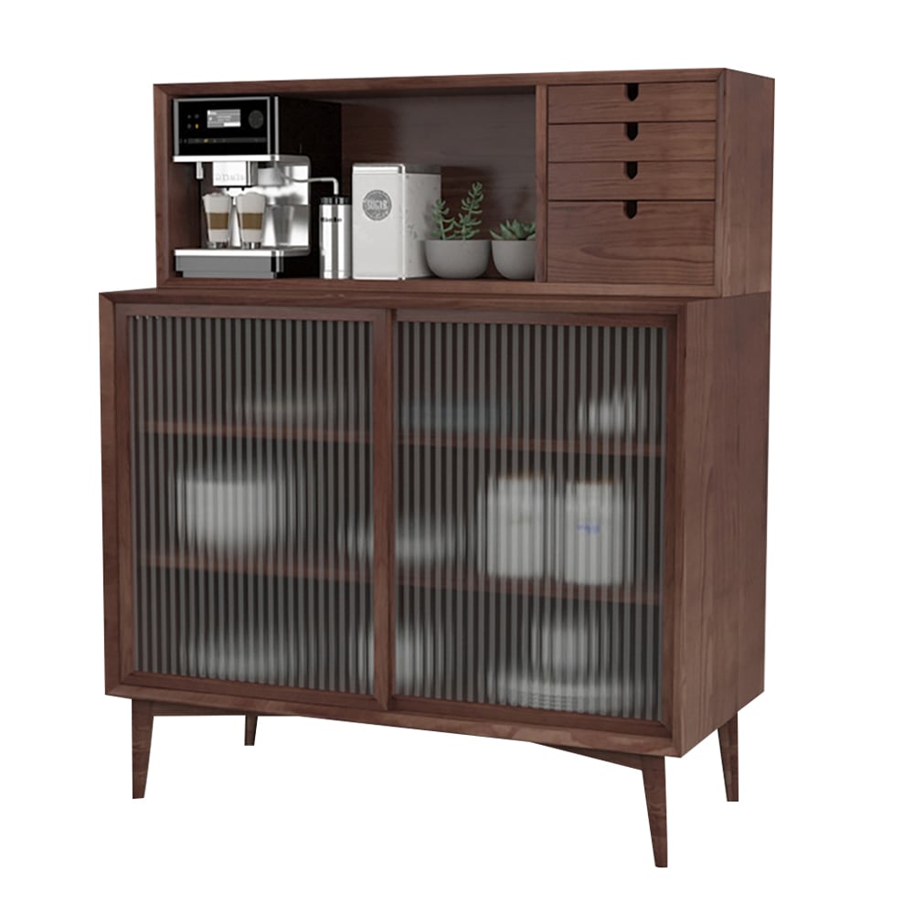 Mid-Century Modern Walnut Sideboard Buffet with Tempered Glass Doors & Drawers & Shelves window image