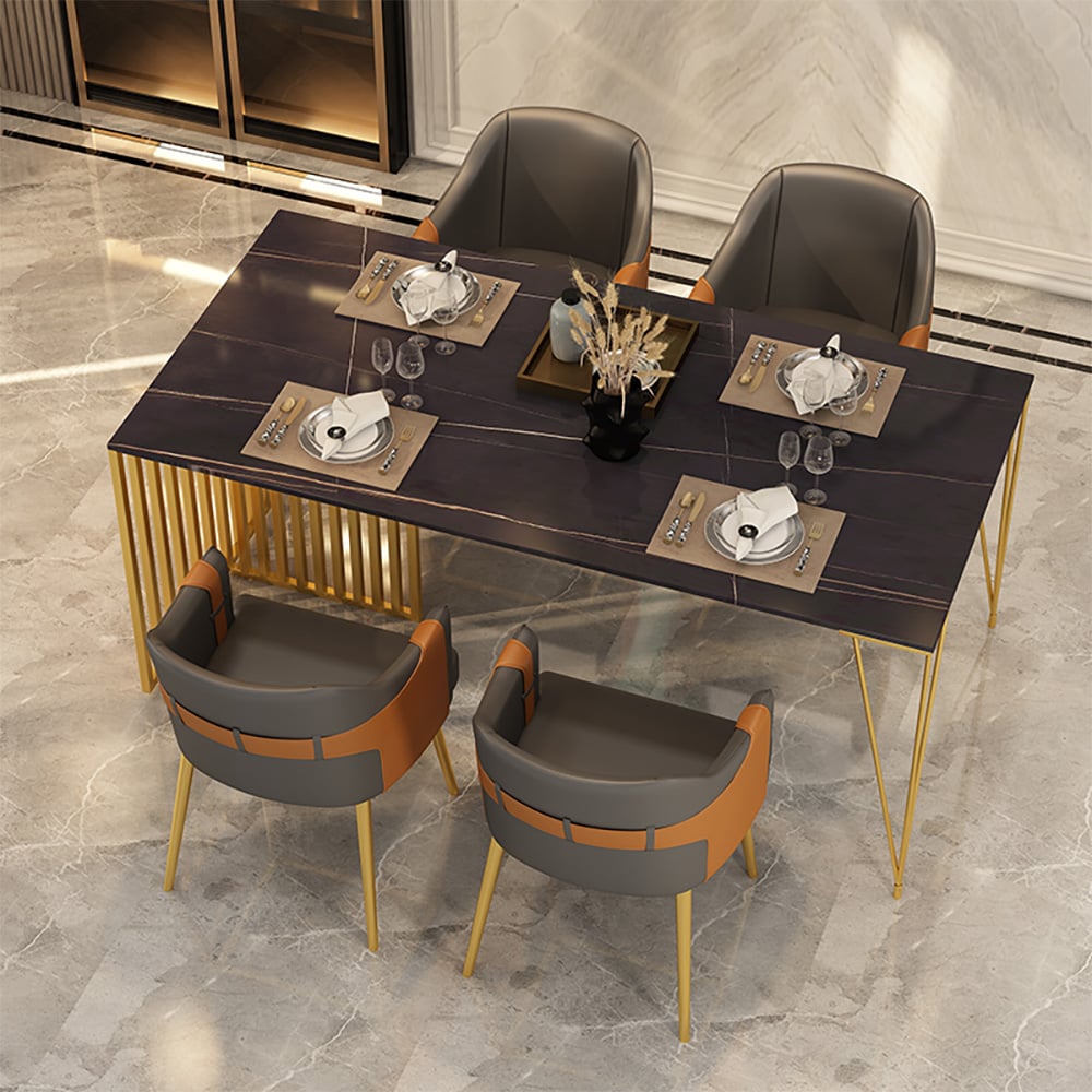 Mesa de comedor moderna de 55.1" con tapa de piedra sinterizada y marco de metal en negro Imagen de ventana