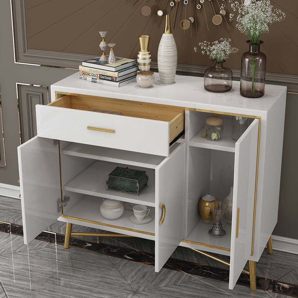 47" Modern White Sideboard Buffet  with Doors & Drawer & Shelves in Gold window image