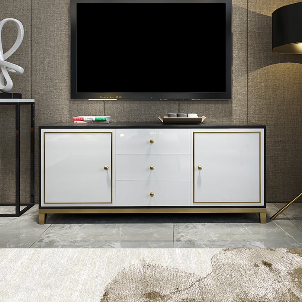 47" White & Black Sideboard Postmodern Tempered Glass Top Buffet with Doors & Drawers window image