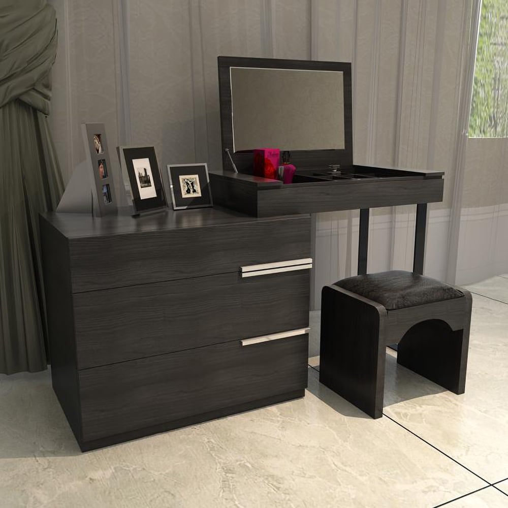 Modern Black Extendable Makeup Vanity Set with Flip Top Mirror & 3 Drawers window image
