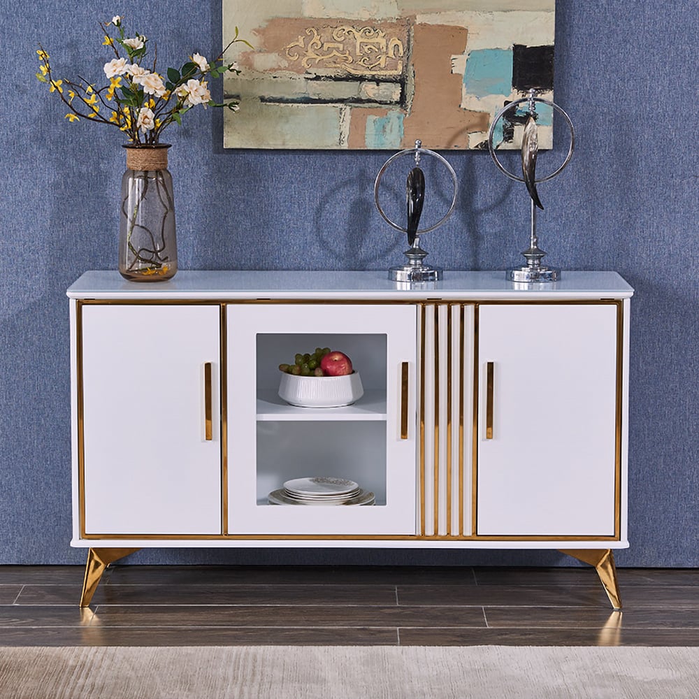 Contemporary White Sideboard Buffet Tempered Glass Top with Acrylic Doors & Shelves in Small window image