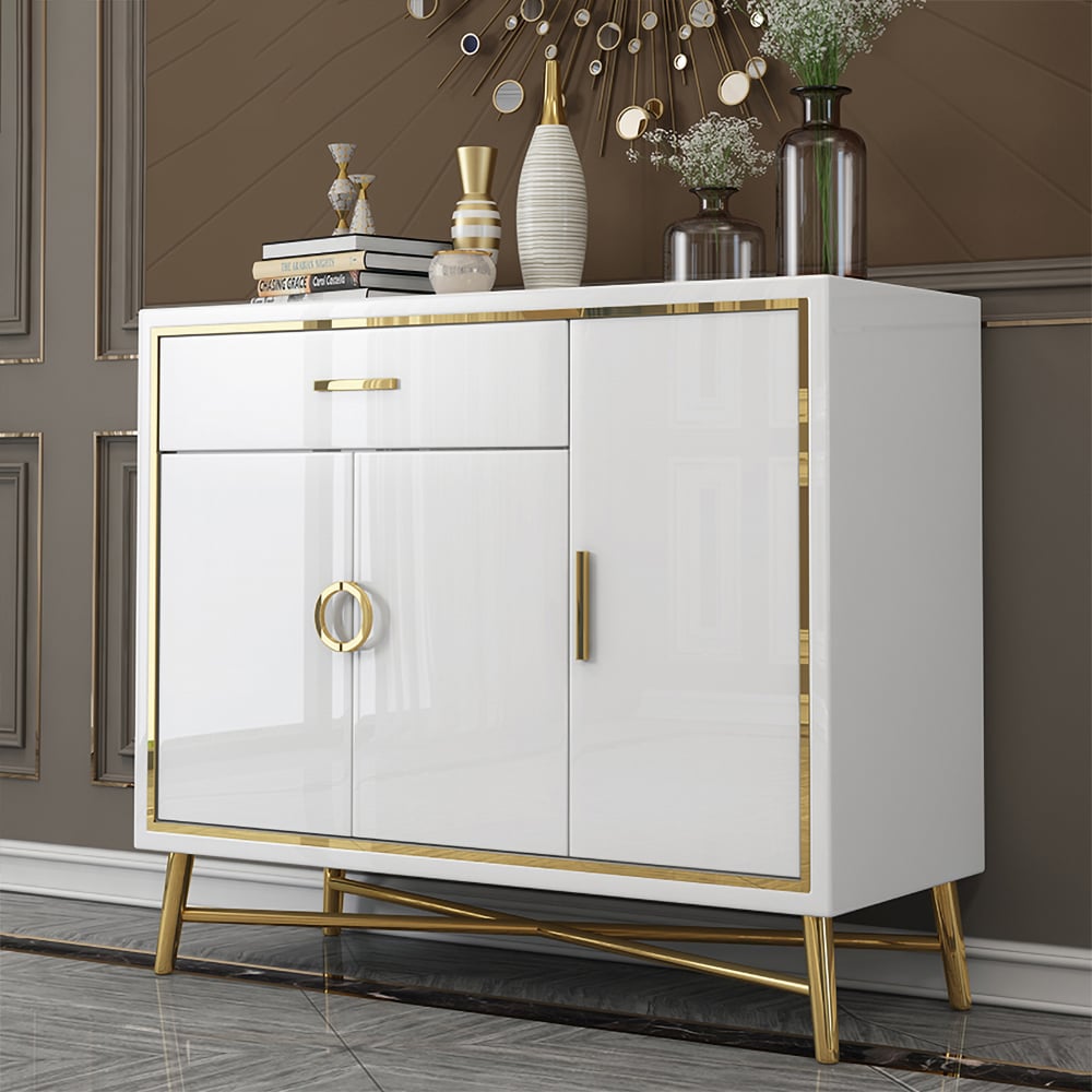 47" Modern White Sideboard Buffet  with Doors & Drawer & Shelves in Gold window image