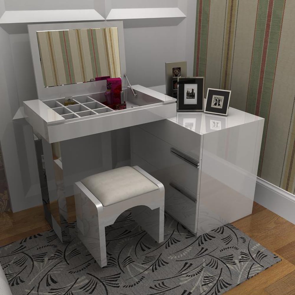 Modern White Extendable Makeup Vanity Set with Flip Top Mirror & 3 Drawers window image