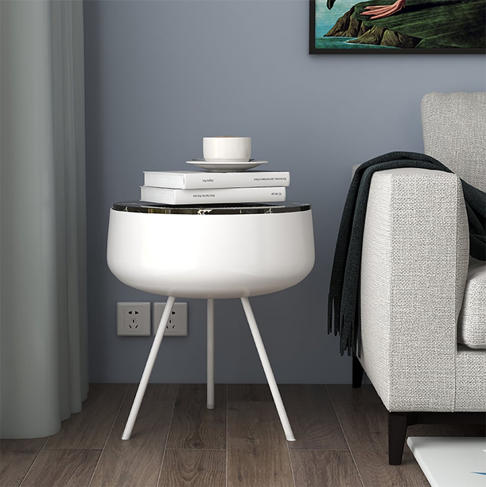 Modern Side Table with Storage MDF Top & Metal Frame in White｜Homary