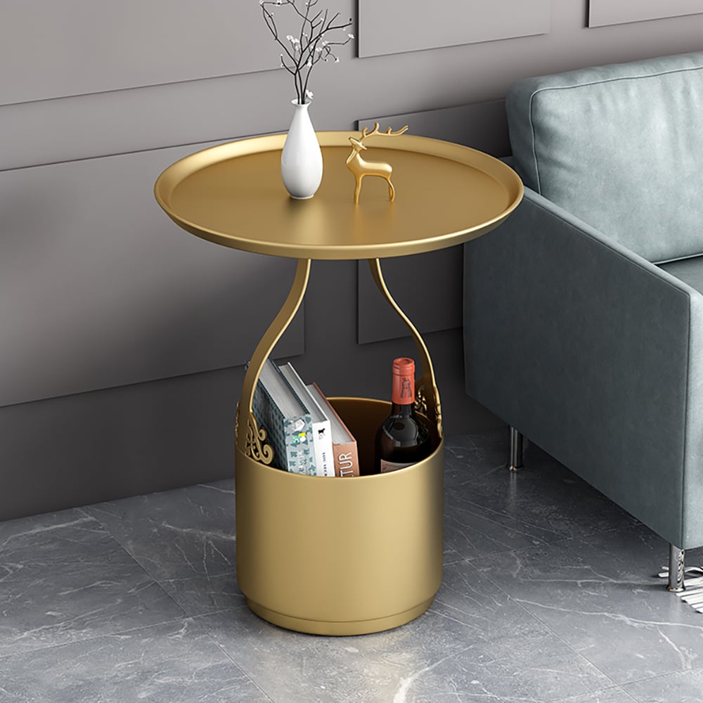 Modern Round End Table with Storage in Metal Side Table in Gold window image