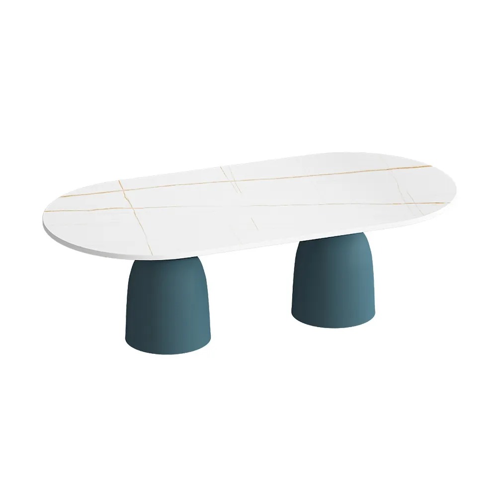 Modern Blue Oval Coffee Table with Marble Tabletop window image