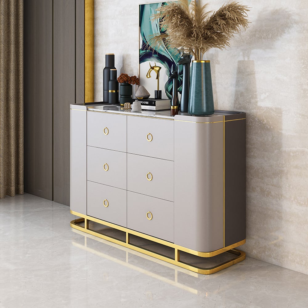 Modern Khaki Sideboard Buffet with Storage Faux Marble Top in Gold Finish window image