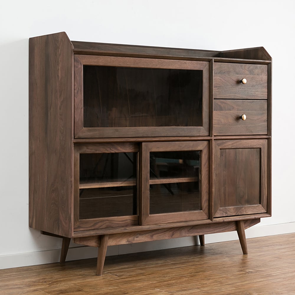 Nordic Walnut Sideboard Buffet with Flip Top Glass Doors & Drawers & Shelf window image
