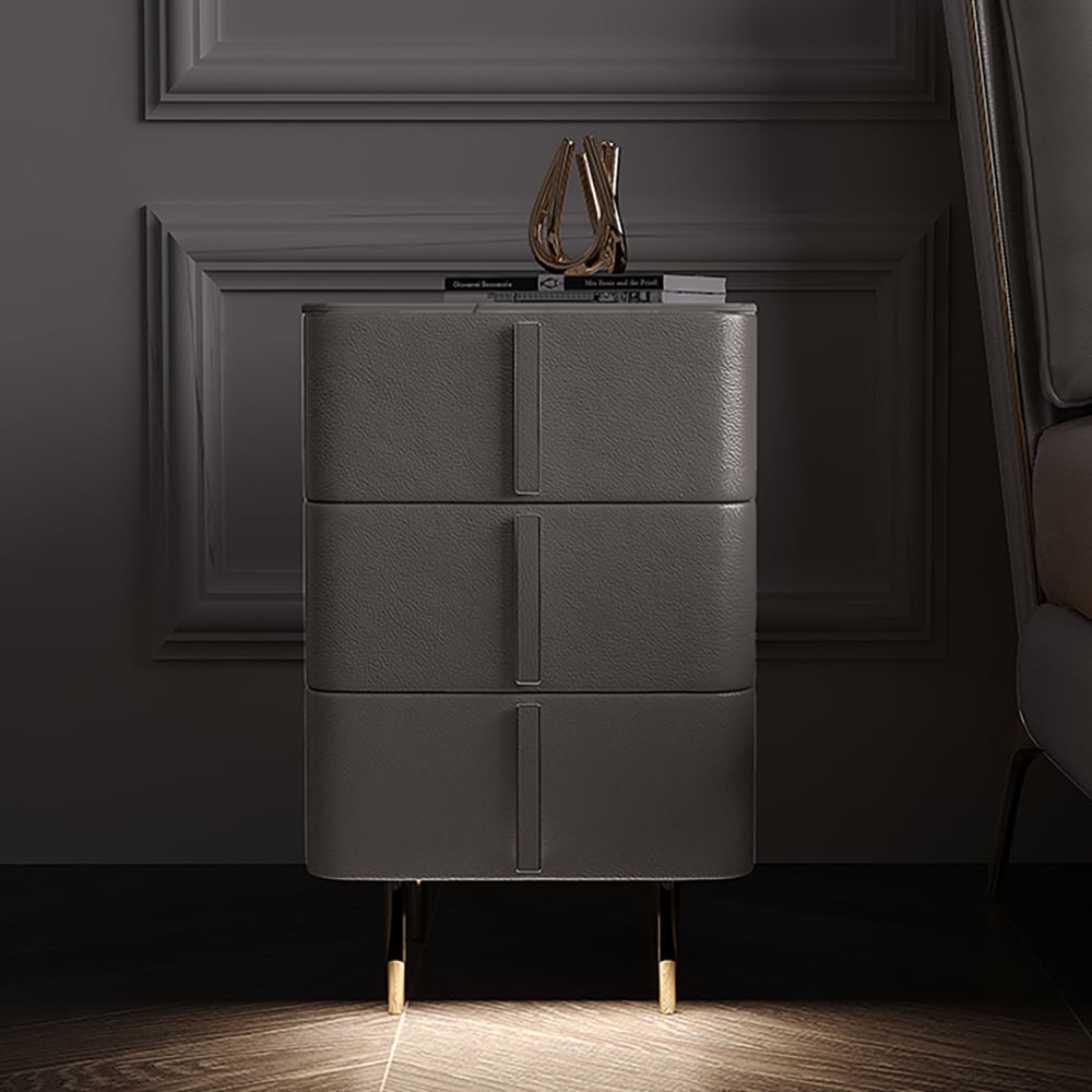 Table de chevet moderne blanc cassé avec éclairage à induction Table de chevet à 3 tiroirs en bois de pin image de fenêtre