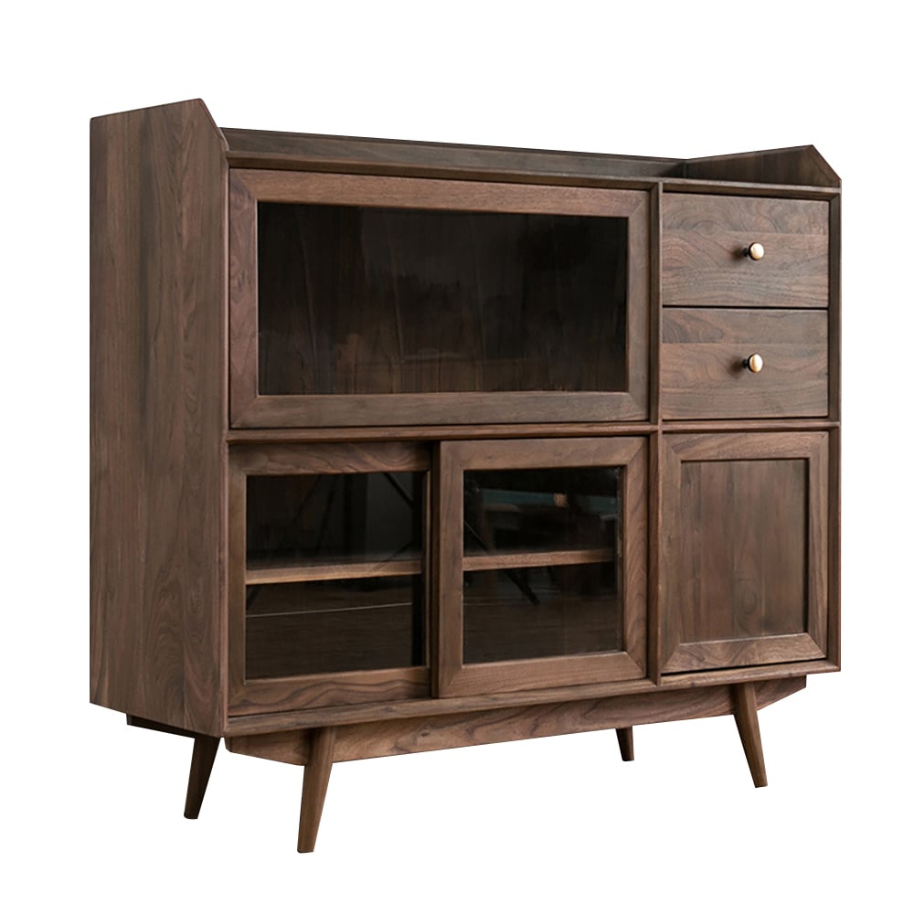 Nordic Walnut Sideboard Buffet with Flip Top Glass Doors & Drawers & Shelf window image