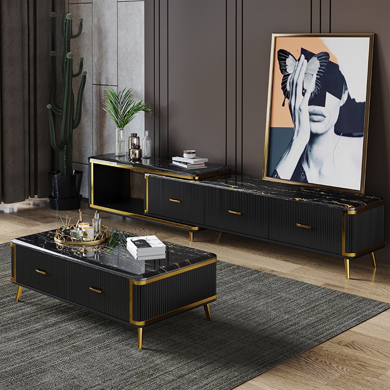 Modern Black TV Stand Faux Marble Top Luxury Extendable Media Console with 3 Drawers window image