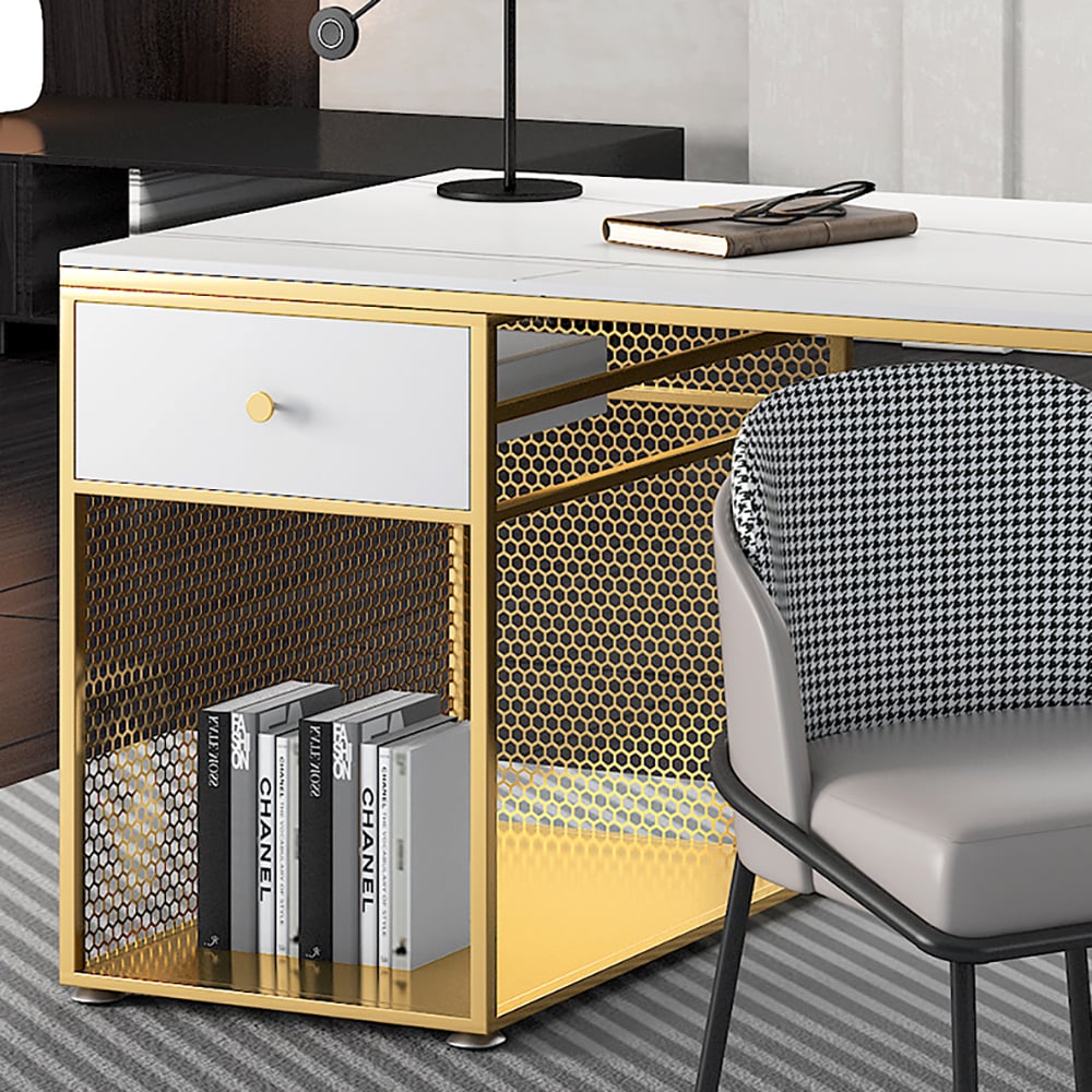 White Modern Office Desk with Storage Sintered Stone Top & Metal Frame window image