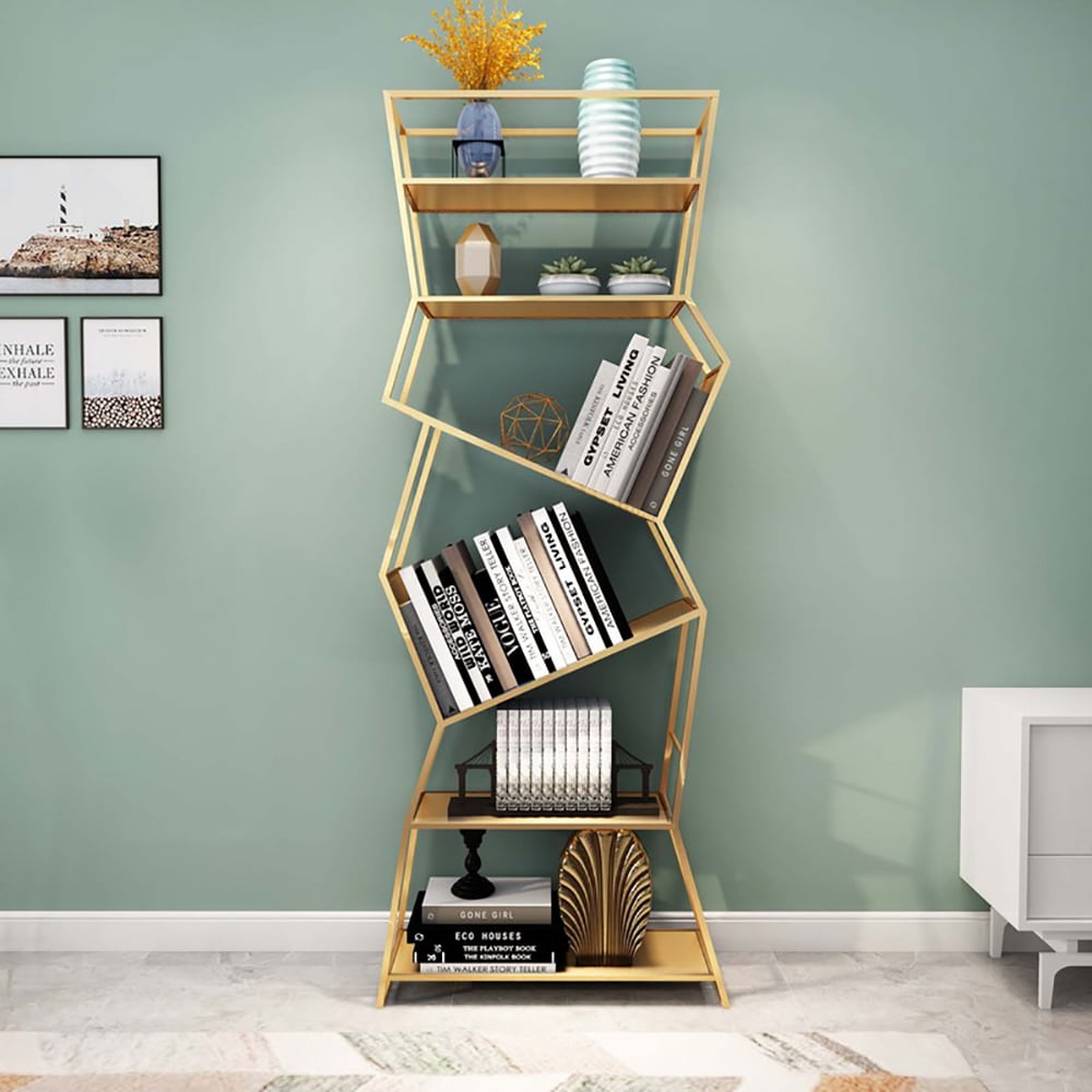 Modern Asymmetric Etagere Bookshelf Metal Standing Shelf in Gold window image