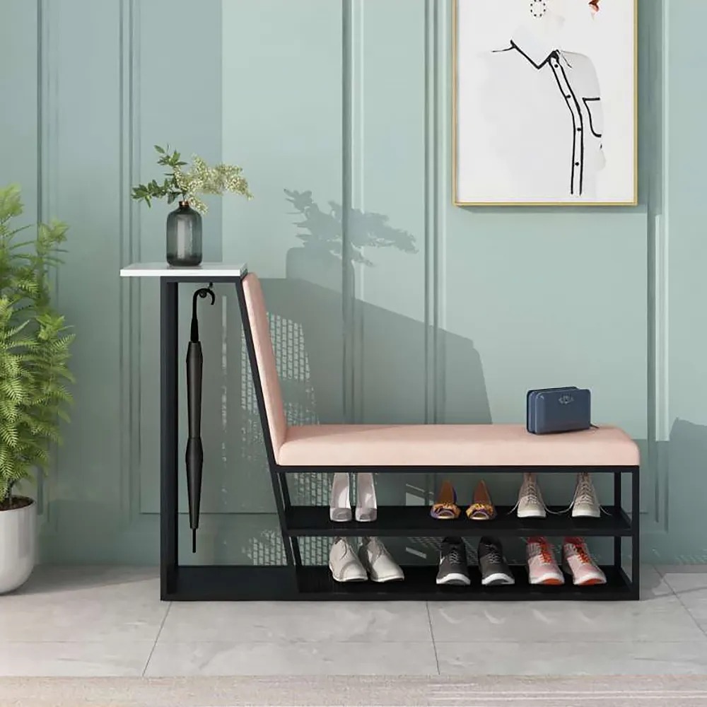 Pink Modern Storge Bench Upholstered Shoes Storage with 3 Shevles window image