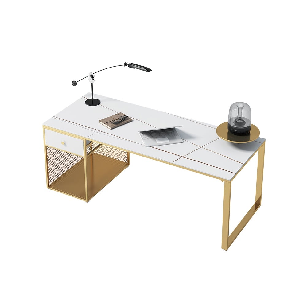 White Modern Office Desk with Storage Sintered Stone Top & Metal Frame window image