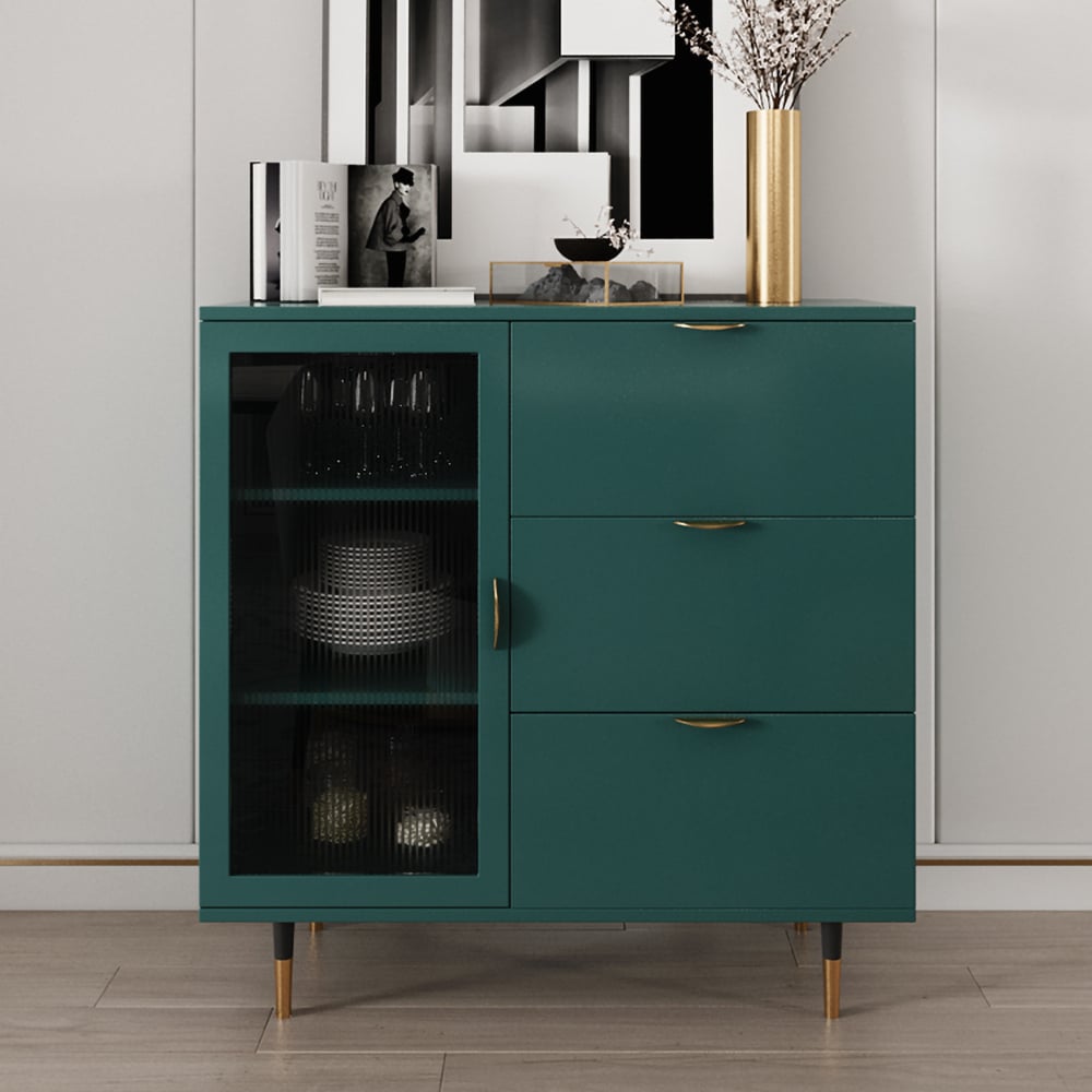 Nordic Green Sideboard Buffet Cabinet with Adjustable Shelves & Drawers & Glass Door window image