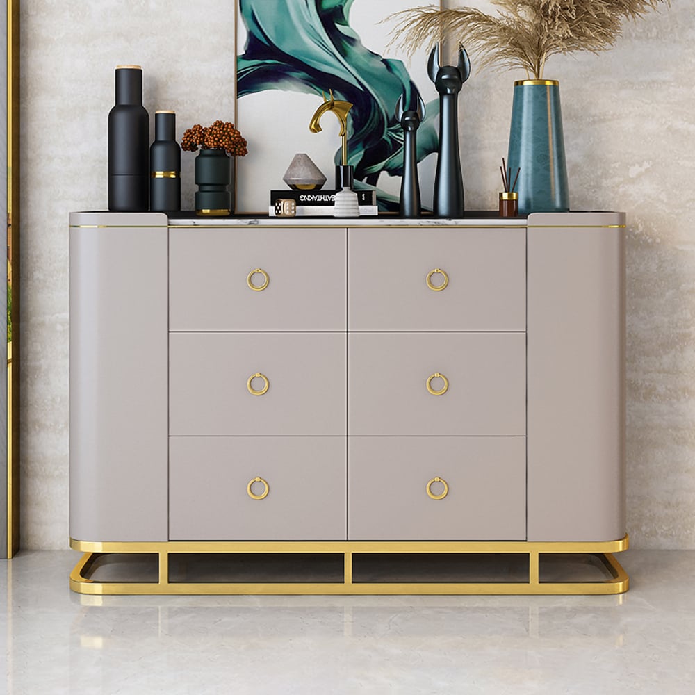Modern Khaki Sideboard Buffet with Storage Faux Marble Top in Gold Finish window image